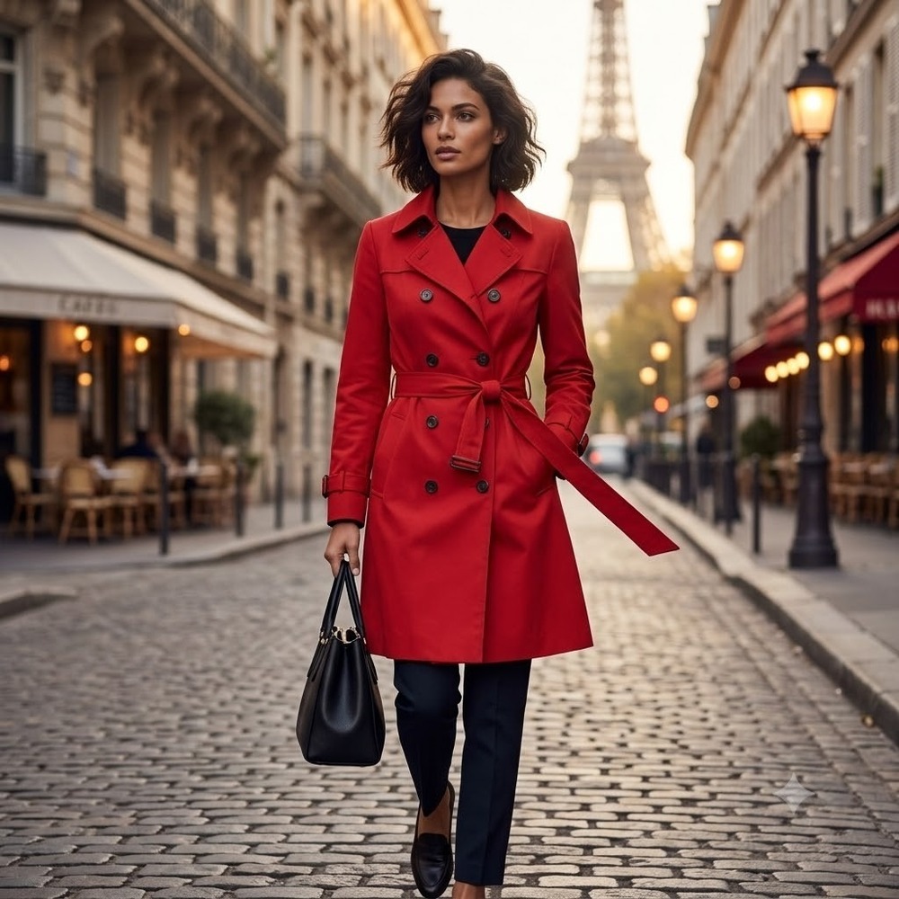 H&M Trench Coat Ruby Red Double Breasted Belted Women Size 2